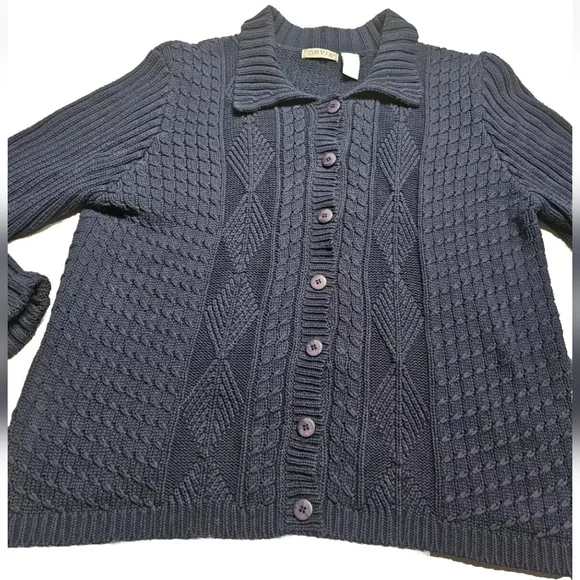 Orvis Sweater Womens XL Navy Cotton Button Up Cable Knit Cardigan Collard VTG - Picture 3 of 12